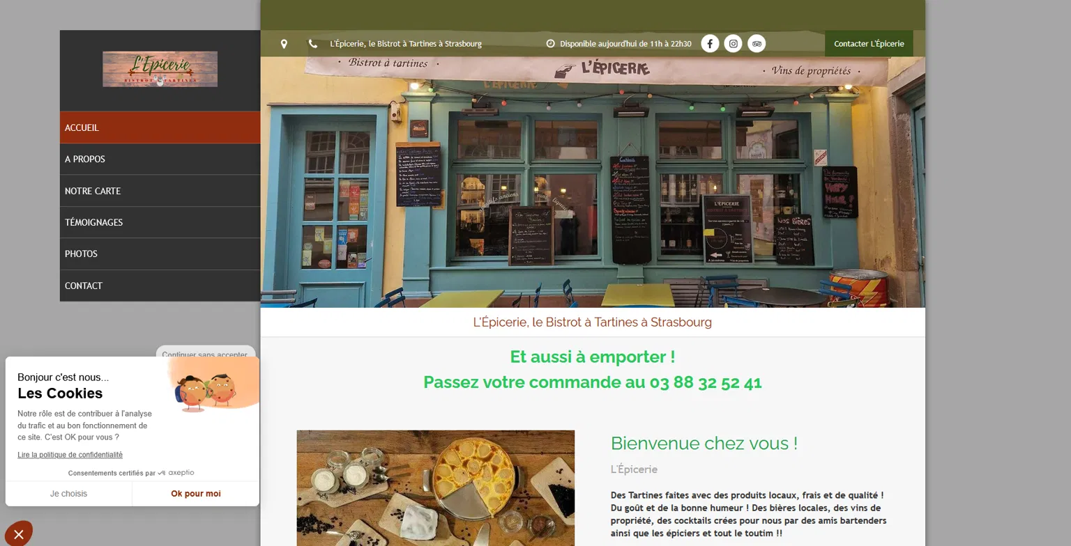 Site internet d'un bistrot à Strasbourg avec carte et commande à emporter